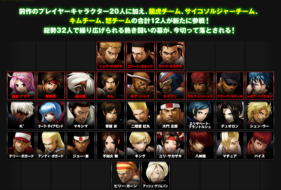 前作のプレイヤーキャラクター20人に加え、龍虎チーム、サイコソルジャーチーム、キムチーム、怒チームの合計12人が新たに参戦!