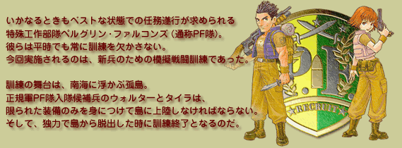 いかなるときもベストな状態での任務遂行が求められる
特殊工作部隊ペルグリン・ファルコンズ（通称PF隊）。
彼らは平時でも常に訓練を欠かさない。
今回実施されるのは、新兵のための模擬戦闘訓練であった。

訓練の舞台は、南海に浮かぶ孤島。
正規軍PF隊入隊候補兵のウォルターとタイラは、
限られた装備のみを身につけて島に上陸しなければならない。
そして、独力で島から脱出した時に訓練終了となるのだ。